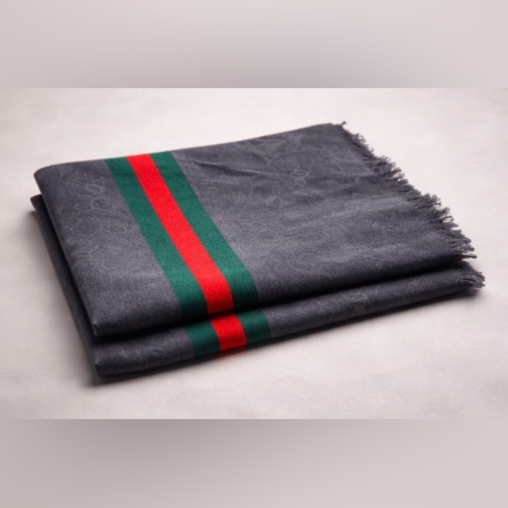 GG Blue Monogram Web Stripe Scarf Gray Red Green Fringe